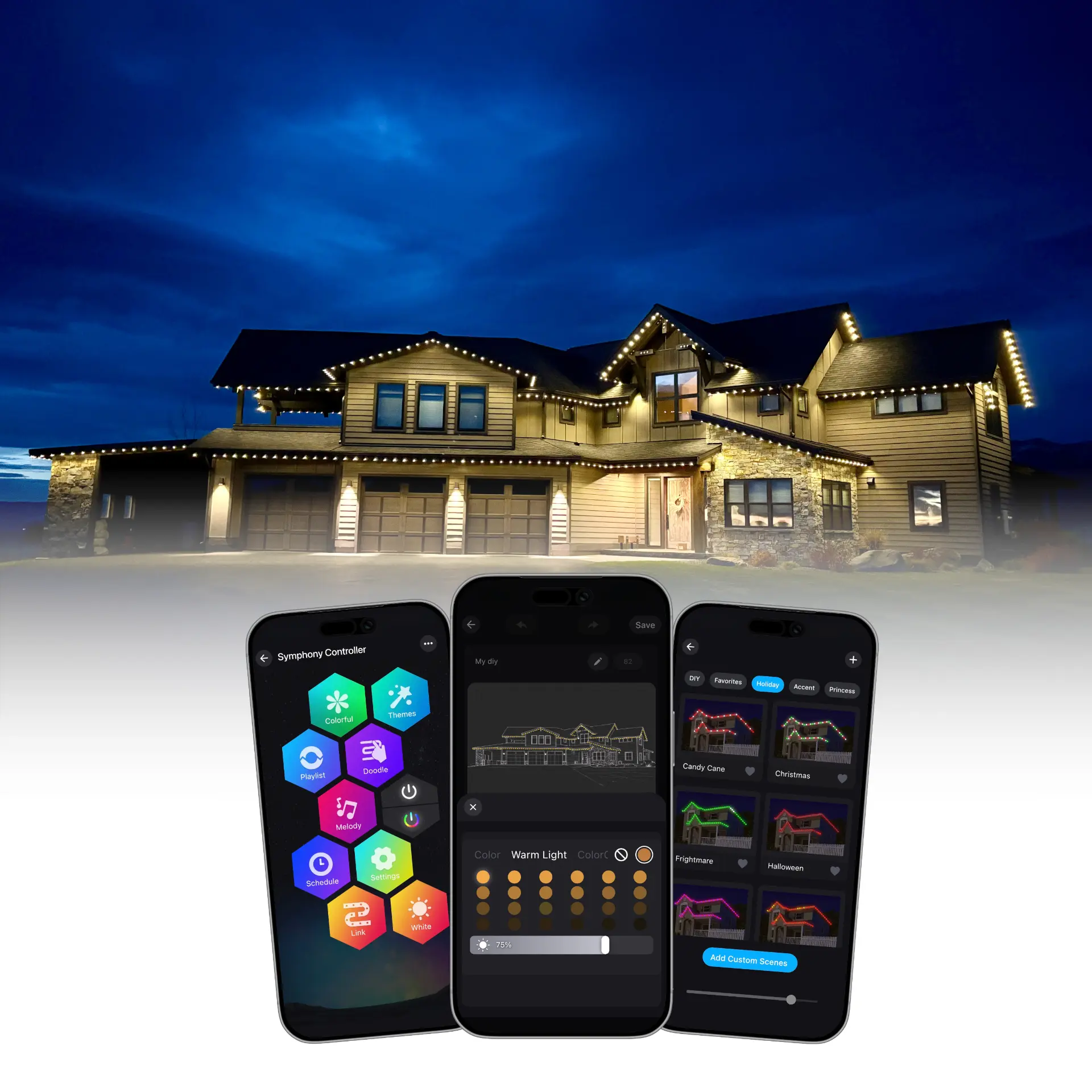 Home at dusk outlined in warm white bluEmber lights, with three phones showing the bluEmber app
