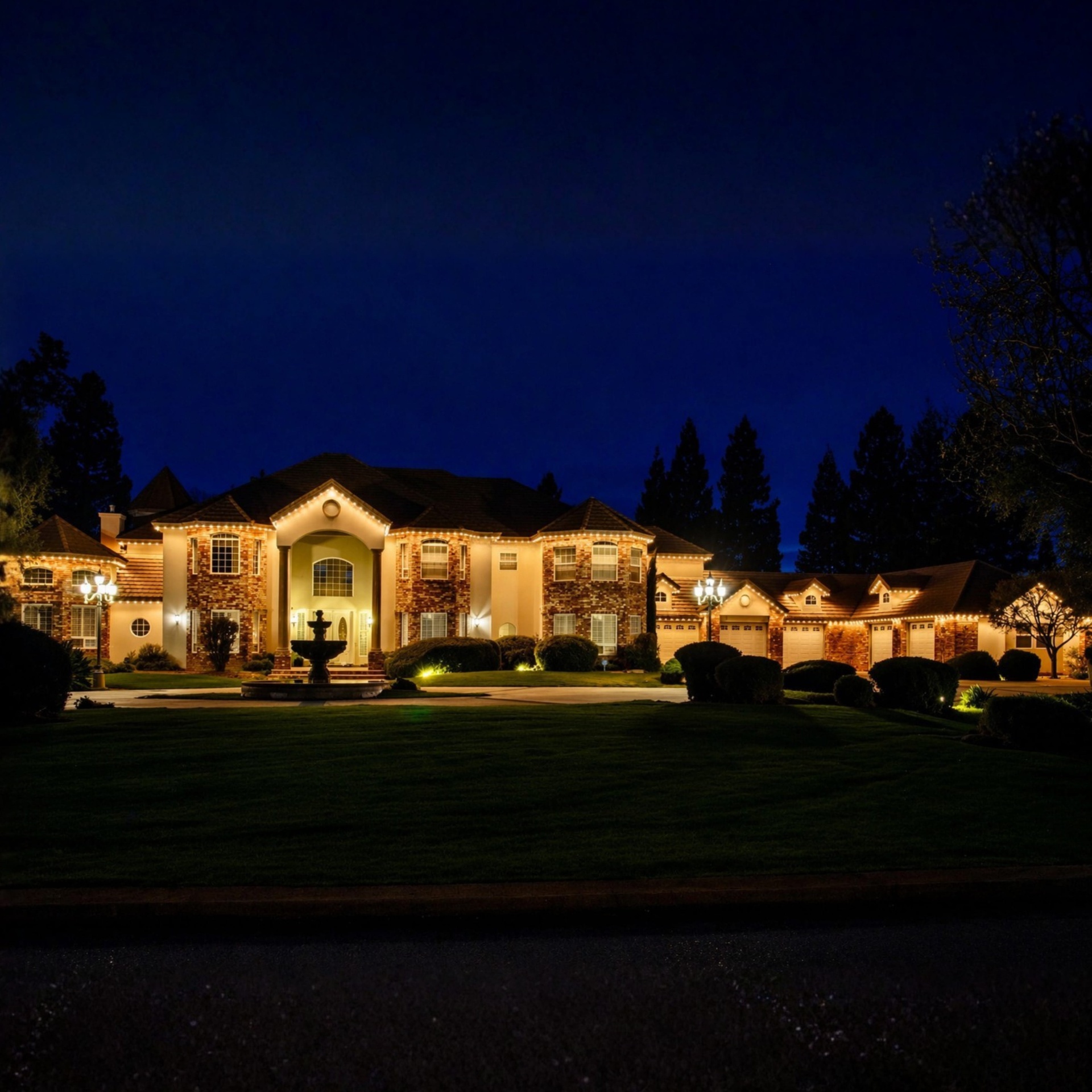 Grand brick estate with warm-white bluEmber roofline lighting at night