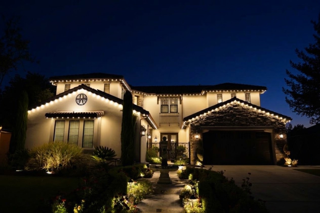 Dusk rendering of the same home with permanent lighting along the roofline